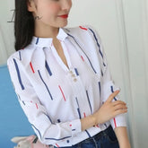 Ingvn - Plus Size Women White Tops and Blouses Fashion Stripe Print Casual Long Sleeve Office Lady Work Shirts Female Slim Blusas