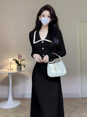 Autumn Winter Vintage Knitted Midi Dresses for Women Elegant Fashion Turn Down Collar Long Sleeves Sweater Female Clothing