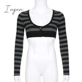 Ingvn - Y2K Striped Crop Top Button Knitted Full Sleeve T Shirt V Neck Vintage Grunge Tee Autumn Winter Women Harajuku Outfits