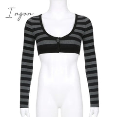 Ingvn - Y2K Striped Crop Top Button Knitted Full Sleeve T Shirt V Neck Vintage Grunge Tee Autumn Winter Women Harajuku Outfits