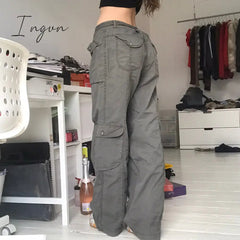 Ingvn - Hot Sell Quality Grunge Streetwear Cargo Pants Woman Low Waist Baggy Mom Jeans Vintage 90s Hippie Wide Leg Denim Trousers Korean Outfits