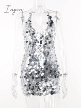 Ingvn - Fashion Sequins Mini Dress Women Halter V Neck Sleeveless Backless Sparkle Dresses Female Glitter Sexy Party Club Dress