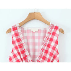 European And American Retro Sexy V Neck Red Plaid Dress Women Floral Embroidery Sleeveless A-line Mini Summer Dresses