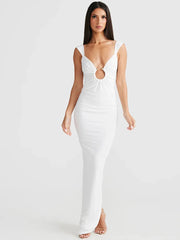 Elegant Hollow Out V-neck Slip Backless Party Evening Maxi Dress For Women Spring Sexy Slim Split Solid Dress