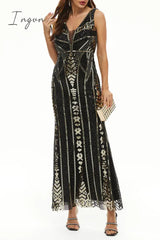 Ingvn - Elegant College Patchwork Sequins V Neck Evening Dress Dresses