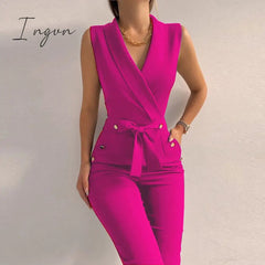 Ingvn - New Solid Casual Women Summer Jumpsuits V-Neck Lace-Up Sleeveless Wide Leg Pants Button Ladies Bodysuits Streetwear
