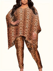 Plus Size Casual Outfits Two Piece Set, Women's Plus Leopard Print Bat Sleeve Round Neck Oversized Top & Pants Outfits 2 Piece Set