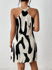 Geometric Pattern Bodycon Halter Neck Dress - Elastic Micro Stretch Fabric, Lace-Up Back, Elegant Sleeveless Design for Spring and Fall Party Occasions - Womens Polyester Knit Fabric Clothing