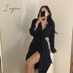 Ingvn - OL Gentle Minimalist Autumn Work Wear Lapel Elegant Lace Up Solid Brief Sexy Chic Loose Dresses Female Vestidos