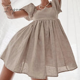 Ingvn - Vintage Casual Short Dress Summer Women Puff Sleeve A Line Dresses High Waist Square Collar Linen Ladies Dress Khaki
