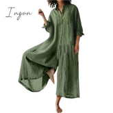 Ingvn - Cotton Linen Women Jumpsuit Oversized Vintage Button Jumpsuit Summer Women Casual Beach Playsuit Wide Legs Pants Loose Romper