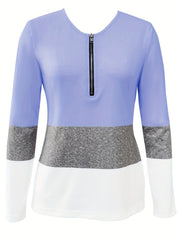 Chic Colorblock Long Sleeve T-Shirt - Zip-Up Front, Comfortable Fit for Spring & Fall - Trendy Women's Casual Fashion