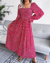 Ingvn - Fashion New Print Square Collar Chiffon Dress Women Elegant Pleated Loose Dress Women Puff Sleeve Party Dresses for Women Robes 18123