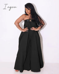 Ingvn - Women Strapless with Belt Straight Wide Leg Loose Skirt Style Jumpsuit 2023 Vintage Street INS Playsuit One Piece Set