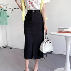 Ingvn - Split Jeans Skirt for Women 2023 New High Waisted Slim Korean Fashion Chic Pencil Skirt Vintage Casual Prink Midi Skirt
