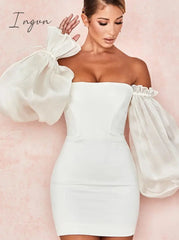 Ingvn - White Off Shoulder Sexy Woman Dress Long Puff Sleeve Mini Night Party Dresses Summer Backless Bodycon Dress Vestidos