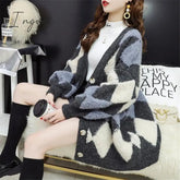 Ingvn - Womens Fashion Spring Winter Women's Plaid Plus Velvet Warm Knitted Sweaters Cardigans Long Sleeve Checkered Coat Oversize Sweater Jackets