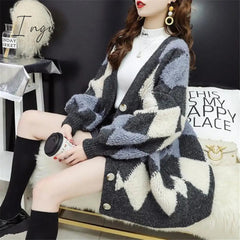 Ingvn - Womens Fashion Spring Winter Women's Plaid Plus Velvet Warm Knitted Sweaters Cardigans Long Sleeve Checkered Coat Oversize Sweater Jackets