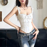 Women Vintage Corset Tank Tops Casual Drawstring Bow Sleeveless Shirt Basic Vest Y2k Aesthetic Crop Tops Clothes for Streetwear
