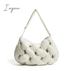 Ingvn - Black Woven Design Padded Shoulder Hobo Bag Cotton Down Crossbody Puffer Purse Big Women Winter Sling Handbag