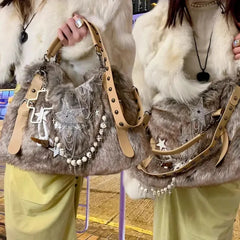 Ingvn Y2k Gothic Womens Tote Bag Fluffy Harajuku Fashion Chains Patchwork Winter Shoulder Bag Vintage New Large Capacity Handbag