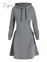 Ingvn - Casual Women Long Sleeve Autumn Dress Drawstring Lace Up Mini Hoodie Dress Vestidos Femme Gothic Fashion Dress Streetwear