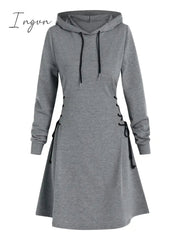 Ingvn - Casual Women Long Sleeve Autumn Dress Drawstring Lace Up Mini Hoodie Dress Vestidos Femme Gothic Fashion Dress Streetwear
