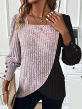 Vibrant Color Block Button Decor Long Sleeve T-Shirt - Soft, Breathable, Casual Square Neck Design for Spring & Fall - Women's Stylish Clothing for Everyday Wear
