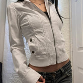 Patchwork Zip-up Cropped Jacket y2k Streetwear Full Sleeve Turtleneck Pockets Coat for Women Vintage 2000s Clothing Basic