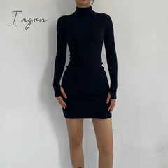 Ingvn - Autumn Fashion Sexy Solid Turtleneck Skinny Mini Dress Women Rib Knit Keep Warm Long Sleeve Slim Dress Streetwear