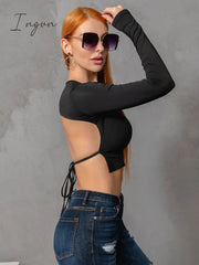 Ingvn - Round Neck Cropped Backless Tie Back Blouse