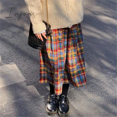 Ingvn - Japanese Rainbow High Waist A-Line Wool Plaid Skirt Female Students Preppy Style Wild Midi Skirt Women Autumn Long Skirt