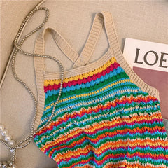 Bohemian Striped Knitted Camisole Vest For Women's summer Contrasting Spaghetti Strap Short Top Seaside Vacation T-shirt