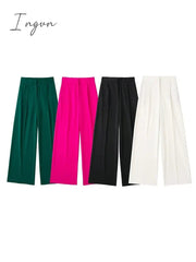Ingvn - Women Fashion Solid High Waist Wide Leg Pants Suit Female Casual Front Zipper With Pockets Ladies Loose Long Trousers