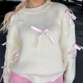 1pc Y2K Style Women'S Acrylic Knit Pullover Sweater - Crew Neck, Long Sleeve, Solid Color with Satin Bow Accents, Medium Stretch Fabric, Regular Length - Spring/Fall Fashion