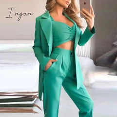 Ingvn - Woman Vintage Black Slim Fit Blazer 3 Pcs Suit Autumn Elegant Female Solid Matching Sets V-Neck Casual Office Three Piece Set