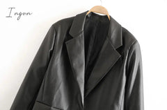 Ingvn - Women Fashion Faux Leather Pockets Loose Blazer Coat Vintage Long Sleeve Back Vents Female Outerwear Chic Tops