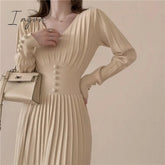 Ingvn - Gifts for women winter night out outfit Elegant Chic Pleated Sweater Dress Women's Slim French Femme Vestido Spring Autumn Winter Fashion Single-Breasted