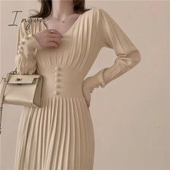 Ingvn - Gifts for women winter night out outfit Elegant Chic Pleated Sweater Dress Women's Slim French Femme Vestido Spring Autumn Winter Fashion Single-Breasted