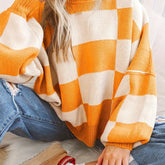 Cozy Plaid Crew Neck Sweater - Soft Micro Elasticity, Color Block Long Sleeve, Machine Washable - Casual Fall & Winter Fashion for Women