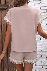 Ingvn - V-Neck Tassel Decor Top and Shorts Set