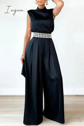 Ingvn - Casual Solid Patchwork Half A Turtleneck Regular Jumpsuits (Without Belt)