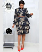 Ingvn - Women Printed Dresses Long Sleeves Bowtie Cake Dress Female Ruffles Pleated Africn Fashion Lovely Date Sweet Vestidos Plus Size