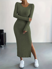 Long Sleeve Bodycon Ribbed Knit Dress - Sexy Crew Neck Split Thigh Slim Fit with Mid Elasticity - Machine Washable Polyester Fabric for Fall/Winter Season