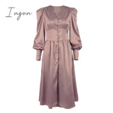 Ingvn - Puff Sleeve Vintage Satin Midi Dress Women V-Neck Party Pleated Dress Black Elegant Bodycon Dress Ladies Chic Ruched