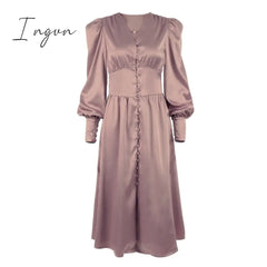 Ingvn - Puff Sleeve Vintage Satin Midi Dress Women V-Neck Party Pleated Dress Black Elegant Bodycon Dress Ladies Chic Ruched