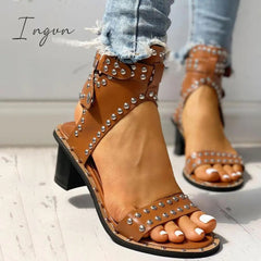 Ingvn - Open Toe Rivet Chunky Heeled Sandals For Women