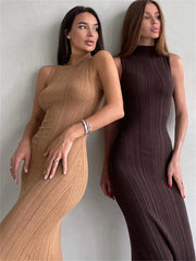 Sleeveless Knitwear Turtleneck Long Dress Female Slim Elegant Fashion Autumn Ribbed Knit Dress For Women Maxi Dress