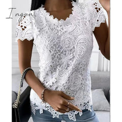 Ingvn - Women's Shirt Blouse Black White Pink Plain Lace Short Sleeve Casual Basic Round Neck