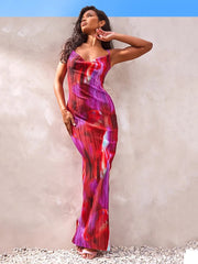 Sexy Spaghetti Strap Swing Collar Print Women's Dress Slim Pleated High Waist Maxi Female Holiday Party Club Vestidos